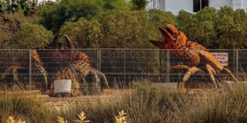 Las emblemáticas esculturas de cangrejos de Chipiona salen del mar para su restauración
